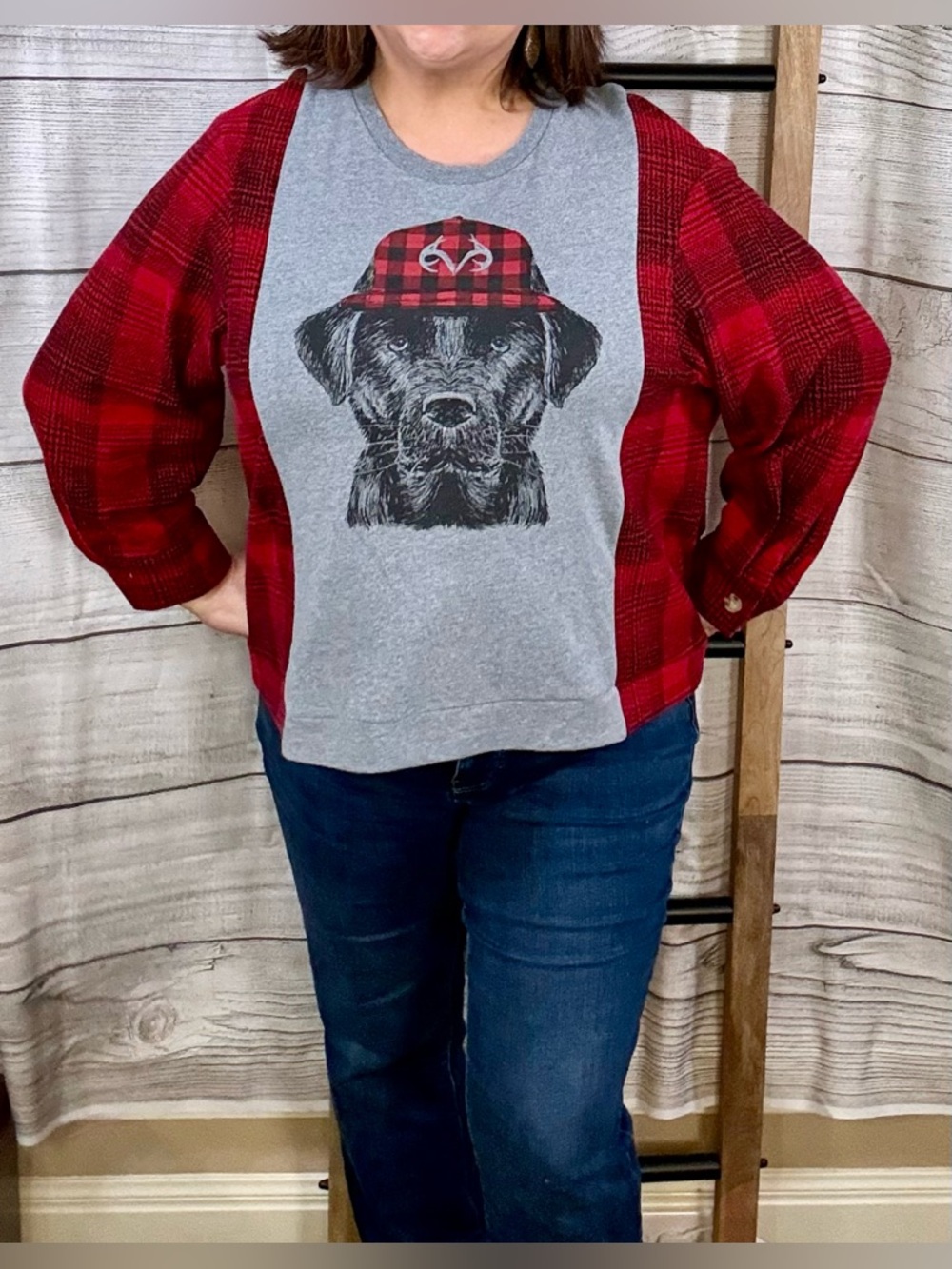Upcycled Custom Made Dog Graphic‎ Buffalo Plaid Mixed Media Top Size Large